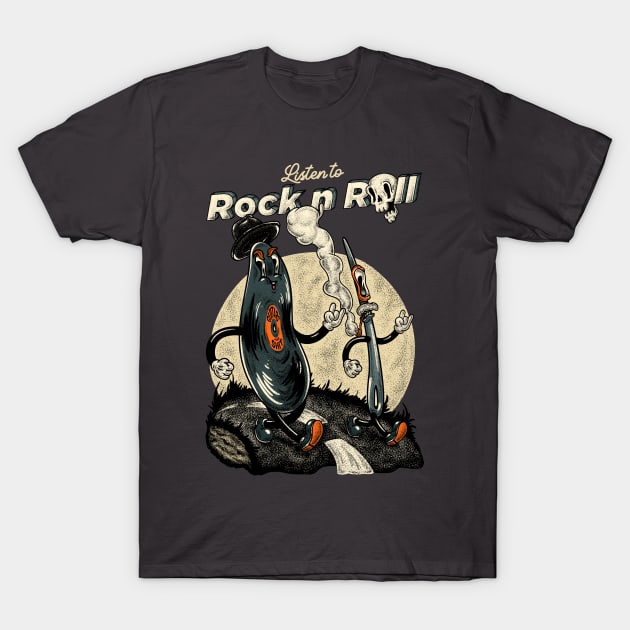 Vinyl Record & Needle - Listen to Rock n Roll (gray) T-Shirt by anycolordesigns